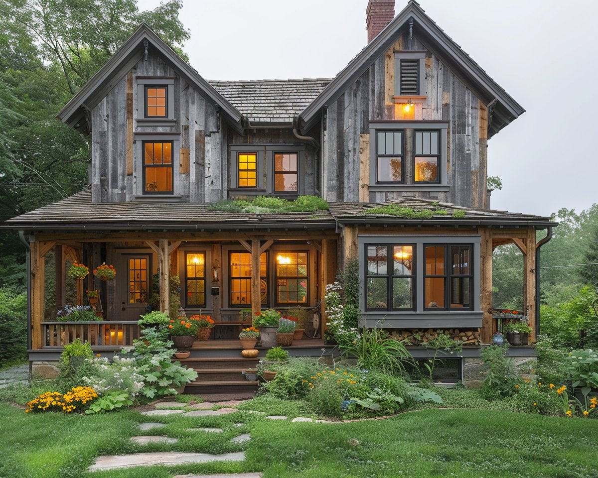 Une maison en bois avec une véranda à l'entrée.