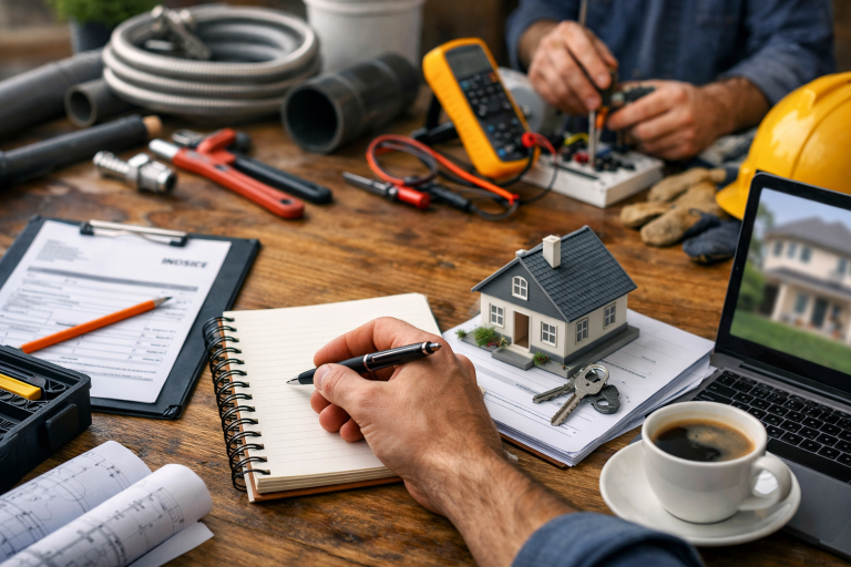 Calculatrice et documents illustrant les coûts d'entretien annuel d'un bien immobilier locatif