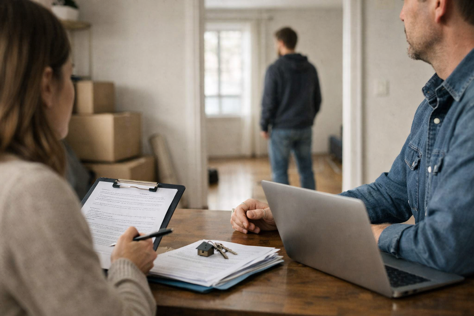 Personne assise avec bloc-notes et ordinateur portable, cartons empilés