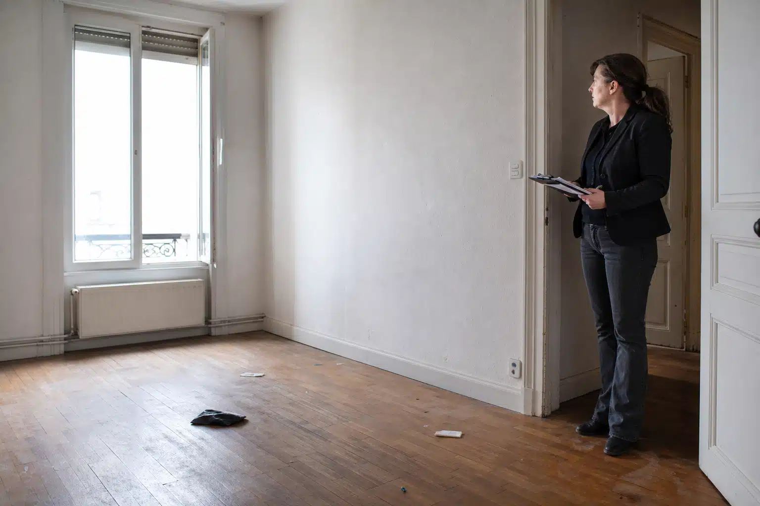 Personne debout contrôlant un robot aspirateur