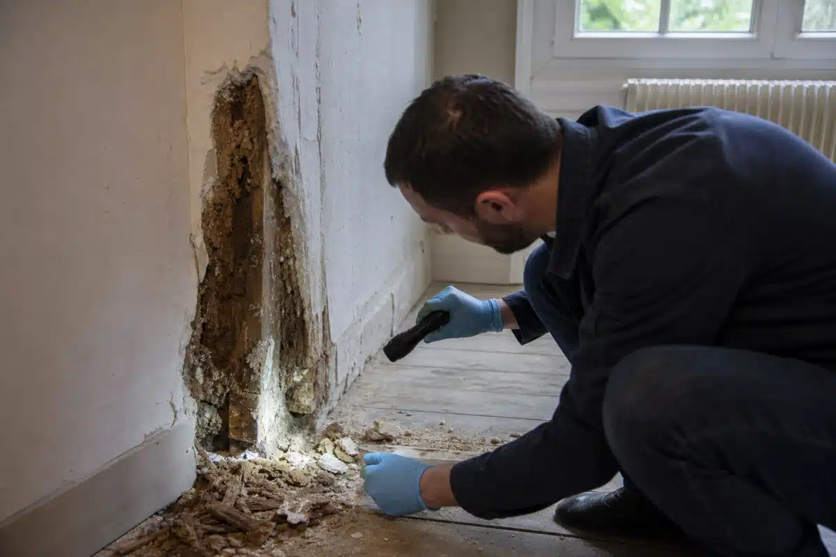 Technicien inspectant mur moisi et infiltration d'eau